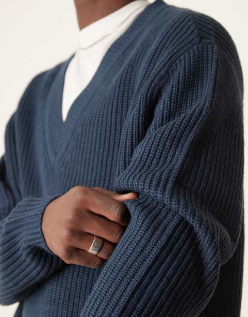 ASOS DESIGN – Marinblå, ribbstickad fiskartröja i oversize med v-ringning, 3 av 4