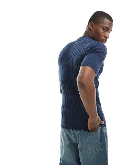 ASOS DESIGN – Marinblå, ribbstickad, lätt pikétröja i muscle fit, 4 av 4