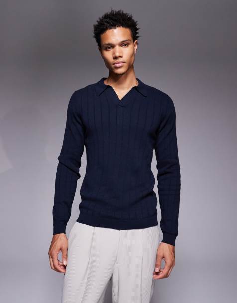 ASOS DESIGN – Marinblå, ribbstickad pikétröja i muscle fit med långa ärmar och v-formad ringning - view 1