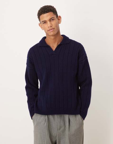 ASOS DESIGN – Marinblå, ribbstickad pikétröja i oversize med sprund i halsen och långa ärmar - view 1