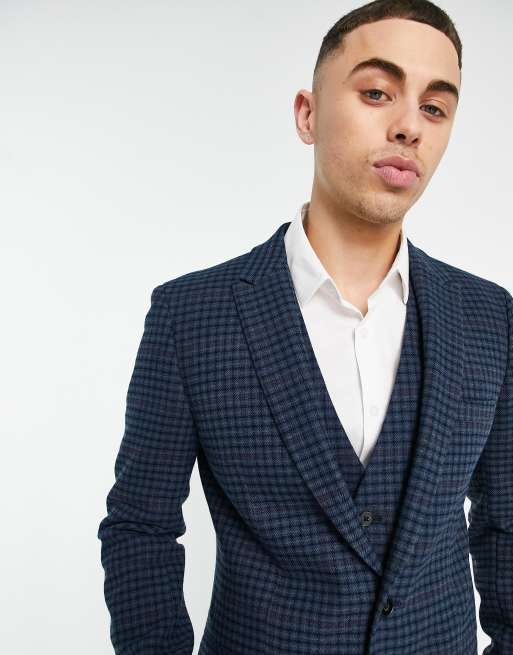 ASOS DESIGN – Marinblå rutig kavaj i ullblandning med supersmal passform, del av kostym, 3 av 4