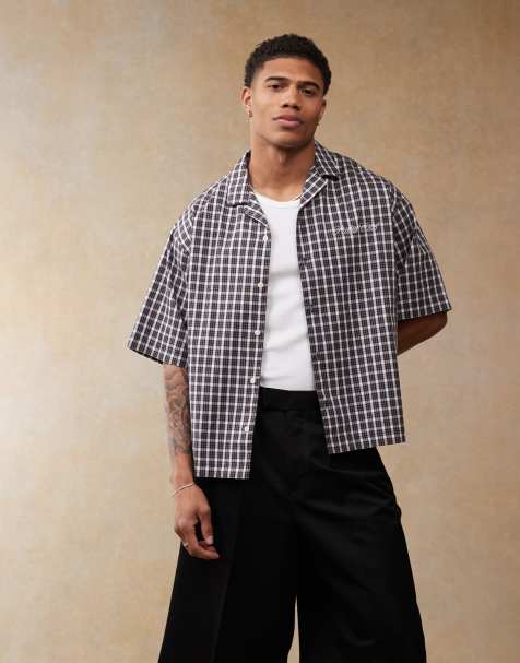 ASOS DESIGN – Marinblå, rutig skjorta i oversize med boxig passform, platt krage och broderi framtill - view 1
