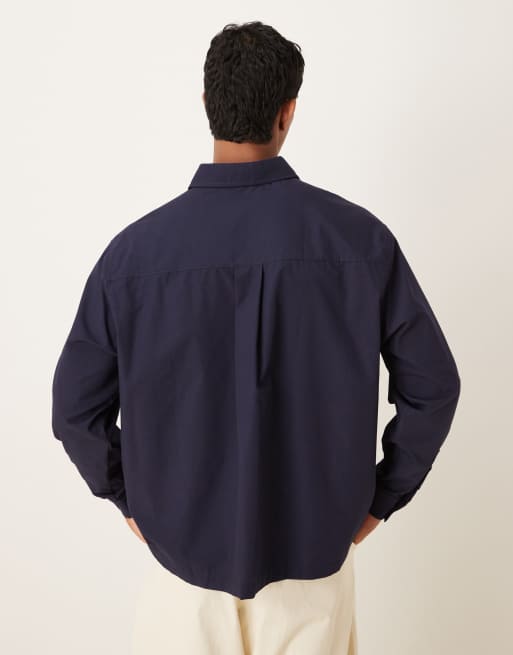 ASOS DESIGN – Marinblå skjorta i oversize och bomullspoplin med broderi på bröstet, 3 av 5