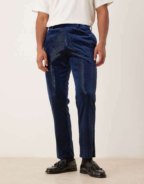 ASOS DESIGN – Marinblå, smala kostymbyxor i sammet med paljetter - view 1