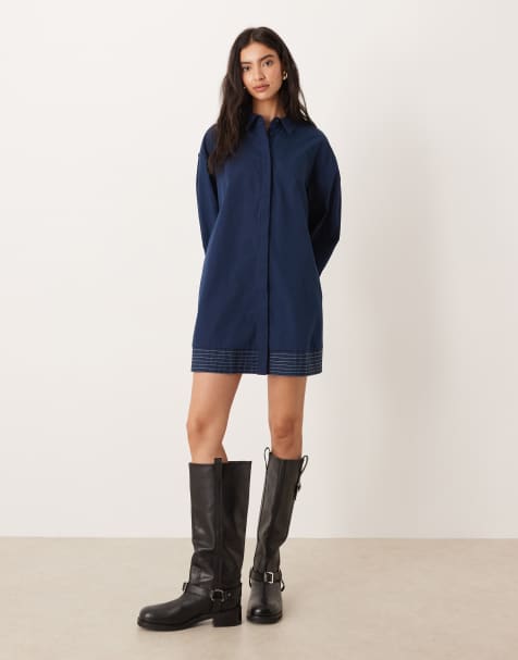 ASOS DESIGN – Marinblå, smockad miniklänning i skjortmodell med dekorativa sömmar på fållen - view 1