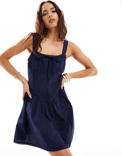 ASOS DESIGN – Marinblå sommarklänning i minilängd med korsett och spets, 4 av 4