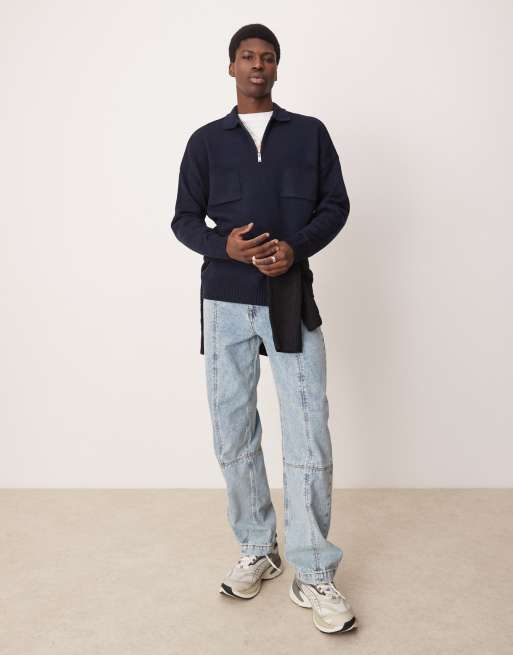 ASOS DESIGN – Marinblå, stickad pikétröja i oversize med kort dragkedja och bröstfickor, 3 av 4