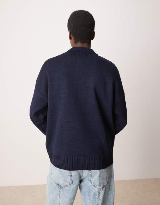 ASOS DESIGN – Marinblå, stickad pikétröja i oversize med kort dragkedja och bröstfickor, 4 av 4