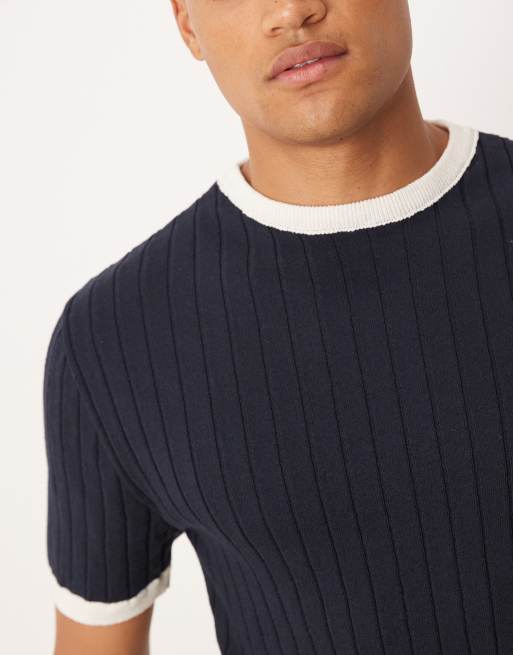 ASOS DESIGN – Marinblå, stickad t-shirt i muscle fit med kantrand, 5 av 5