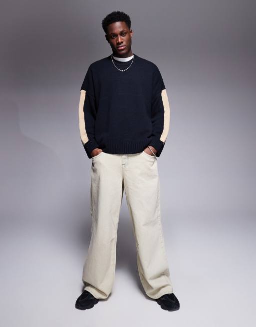 ASOS DESIGN – Marinblå, stickad tröja i extra oversize med rund halsringning och ränder på ärmarna, 3 av 4