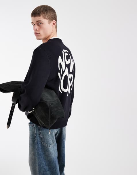 ASOS DESIGN – Marinblå, stickad tröja i oversized fit med New York-tryck - view 1