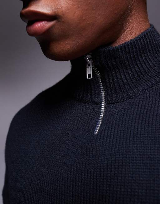 ASOS DESIGN – Marinblå, stickad tröja med avslappnad, boxig passform, ståkrage och kort dragkedja, 2 av 4