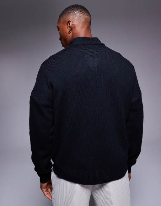 ASOS DESIGN – Marinblå, stickad tröja med avslappnad, boxig passform, ståkrage och kort dragkedja, 4 av 4