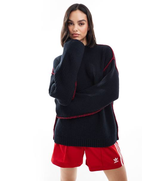 ASOS DESIGN – Marinblå, stickad tröja med röda langettsömmar - view 1