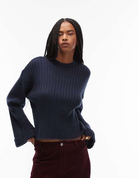 ASOS DESIGN – Marinblå, stickad tröja med uppvikta ärmslut - view 1