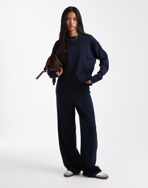 ASOS DESIGN – Marinblå, strukturstickade byxor, del av set - view 1