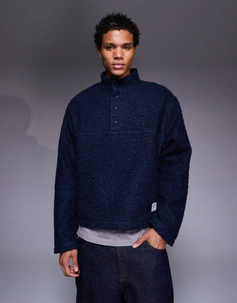 ASOS DESIGN – Marinblå sweatshirt i teddy med boxig passform, ståkrage, kort dragkedja och märke - view 1