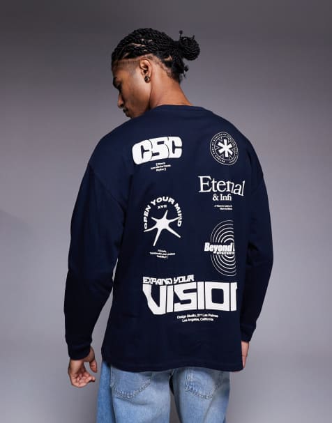 ASOS DESIGN – Marinblå t-shirt i oversize med långa ärmar och street-tryck - view 1