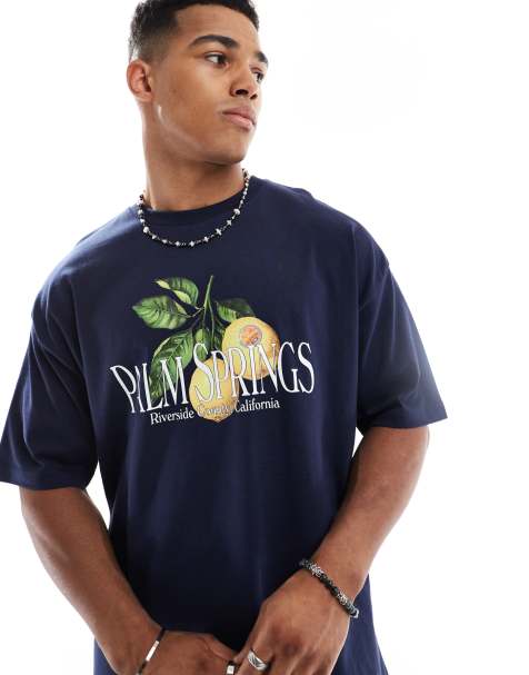 ASOS DESIGN – Marinblå t-shirt i oversize med Palm Springs-tryck - view 1