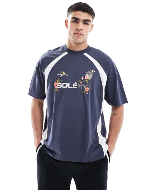 ASOS DESIGN – Marinblå t-shirt i oversize med sportigt tryck och paneler - view 1