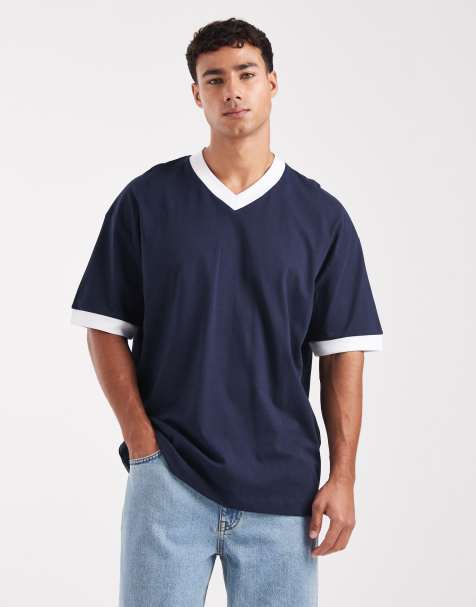 ASOS DESIGN – Marinblå t-shirt i oversize med v-ringning och kontrastfärgad kant - view 1