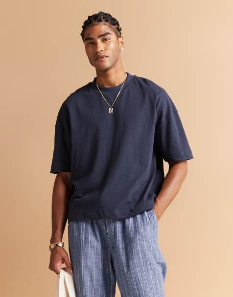 ASOS DESIGN – Marinblå t-shirt i oversize och linnemix med sänkt axelsöm - view 1