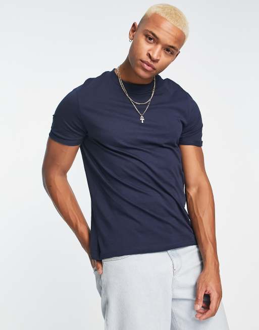 ASOS DESIGN – Marinblå t-shirt med rund halsringning och uppvikt ärm, 4 av 4