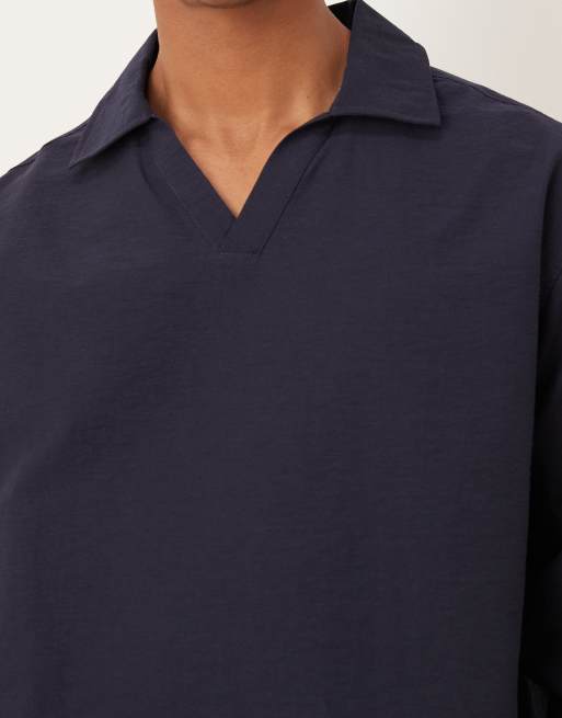 ASOS DESIGN – Marinblå, texturerad skjorta i oversize med öppen krage, 5 av 5