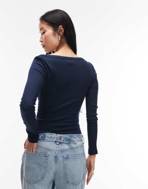 ASOS DESIGN – Marinblå topp med båtringning, långa ärmar och kantdetalj, 4 av 4