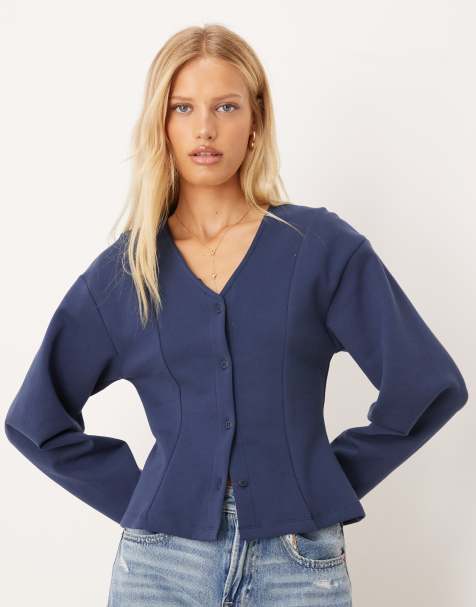 ASOS DESIGN – Marinblå topp med rundade cocoon-ärmar och knäppning, del av set - view 1