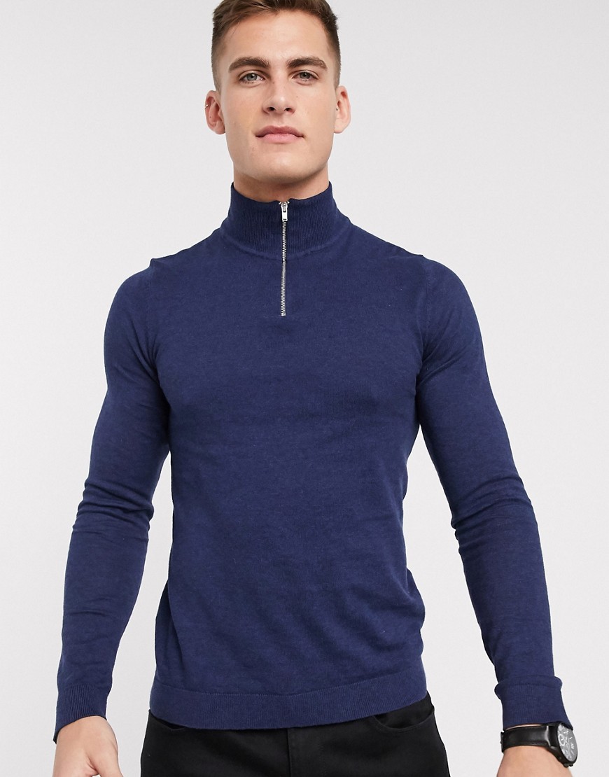 ASOS DESIGN – Marinblå tröja med halvpolokrage och dragkedja