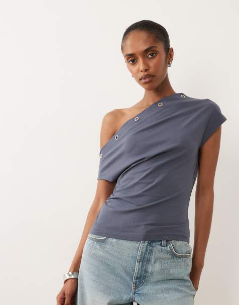 ASOS DESIGN – Marinblå, tvättad topp med bar axel och öljetter - view 1