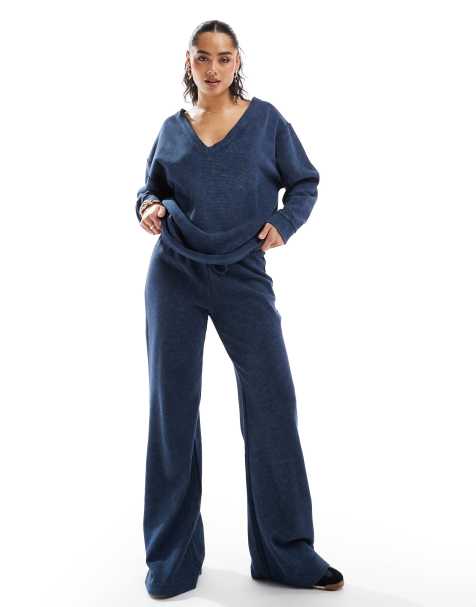 ASOS DESIGN – Marinblå, våfflade byxor med utsvängd design, del av set - view 1