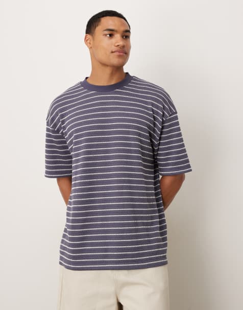 ASOS DESIGN – Marinblå, vitrandig och texturerad t-shirt i oversize med kraftig, boxig passform - view 1