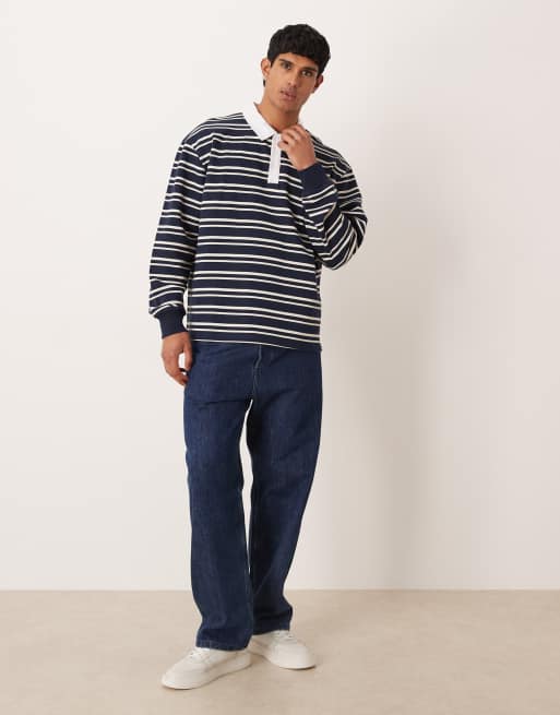 ASOS DESIGN – Marinblå, vitrandig rugbytröja i relaxed fit med pikékrage, 2 av 5