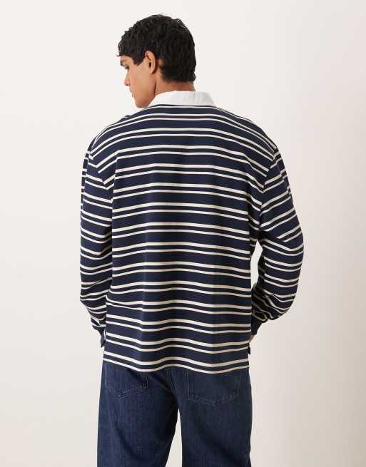 ASOS DESIGN – Marinblå, vitrandig rugbytröja i relaxed fit med pikékrage, 3 av 5