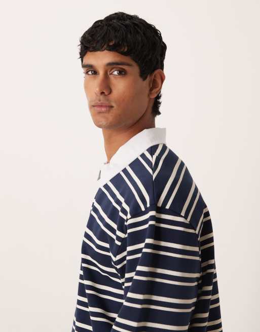 ASOS DESIGN – Marinblå, vitrandig rugbytröja i relaxed fit med pikékrage, 4 av 5
