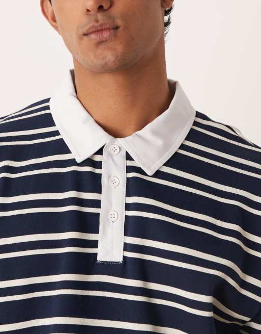 ASOS DESIGN – Marinblå, vitrandig rugbytröja i relaxed fit med pikékrage, 5 av 5