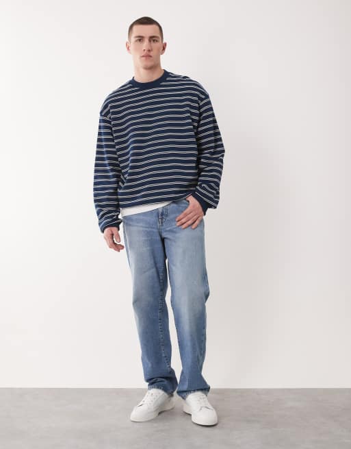 ASOS DESIGN – Marinblårandig, avslappnad sweatshirt, 2 av 5