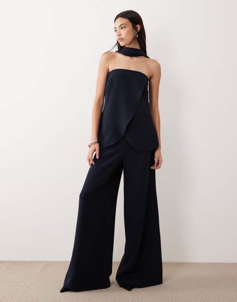 ASOS DESIGN – Marinblått, figursytt set med palazzobyxor och bandeau-topp med korsettdetalj - view 1