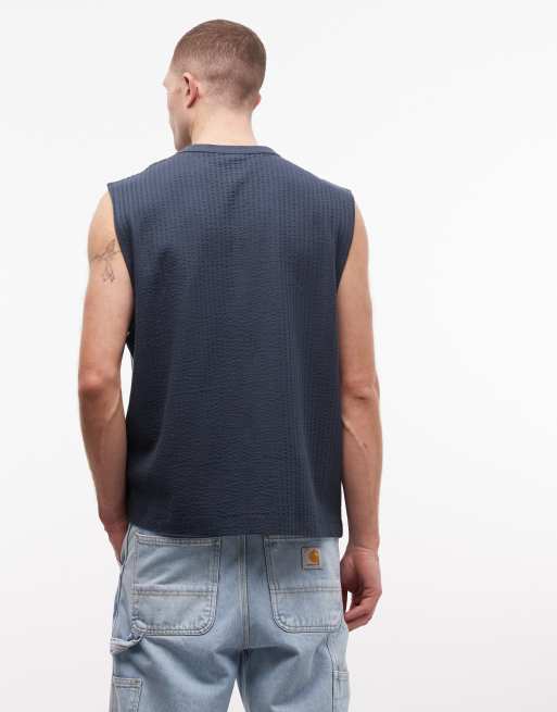 ASOS DESIGN – Marinblått, kraftigt linne i oversize med texttryck i bäckebölja, 3 av 5