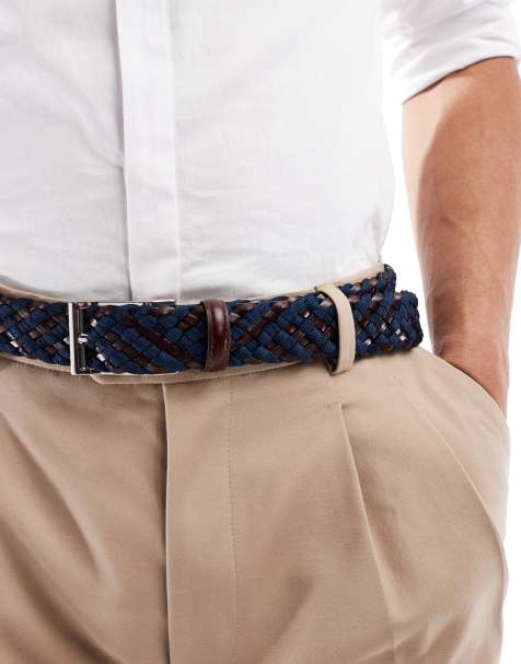 ASOS DESIGN – Marinblått och brunt, flätat skärp med stretch i läderimitation och tyg - view 1