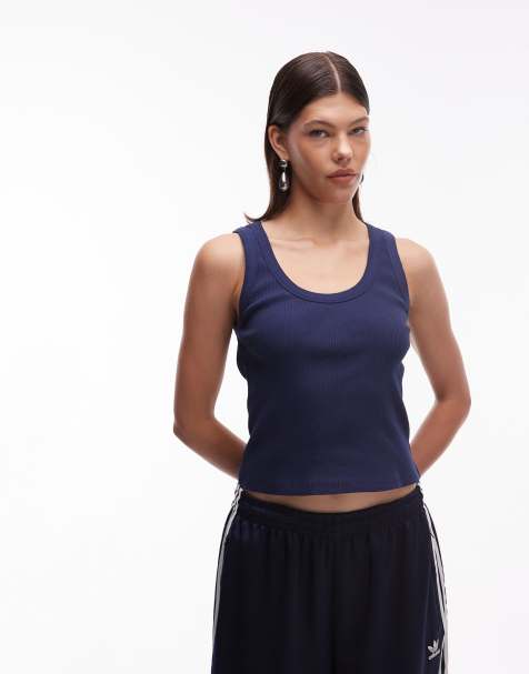 ASOS DESIGN – Marinblått, ribbat linne med djup halsringning - view 1