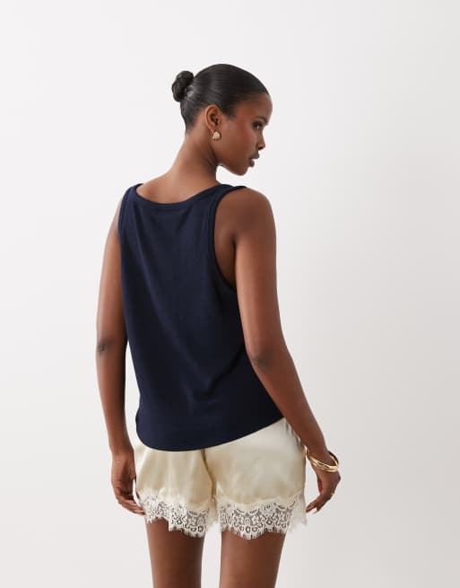 ASOS DESIGN – Marinblått, texturstickat linne med djup halsringning och ledig passform, del av set, 3 av 4