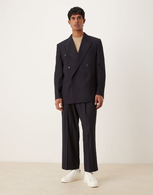 ASOS DESIGN - Marineblå afslappet dobbeltradet jakke med subtile vævede striber, 2 af 5