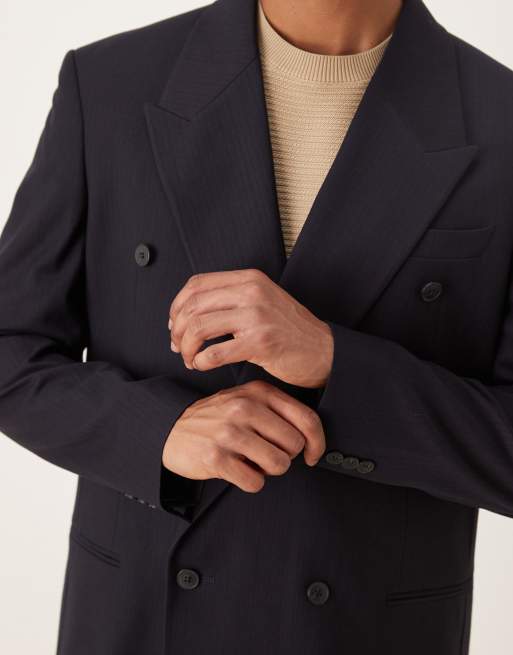 ASOS DESIGN - Marineblå afslappet dobbeltradet jakke med subtile vævede striber, 5 af 5