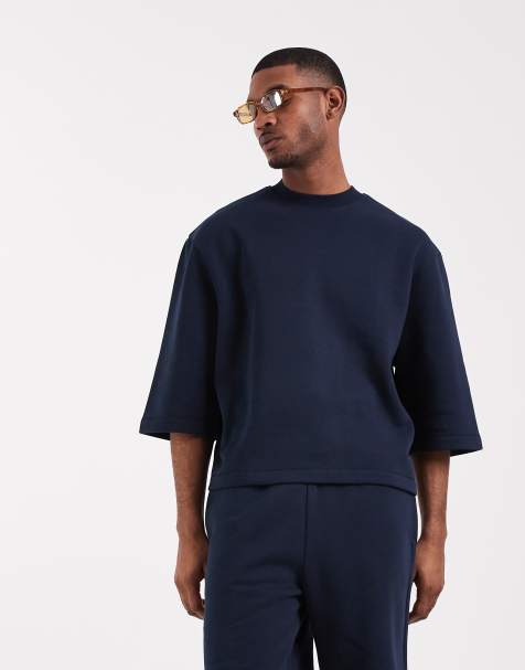 ASOS DESIGN - Marineblå afslappet kortærmet sweatshirt - Del af sæt - view 1