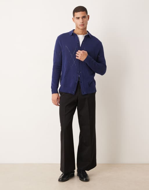 ASOS DESIGN - Marineblå, afslappet og strikket polotrøje med knapper og pointelle-detaljer, 2 af 5
