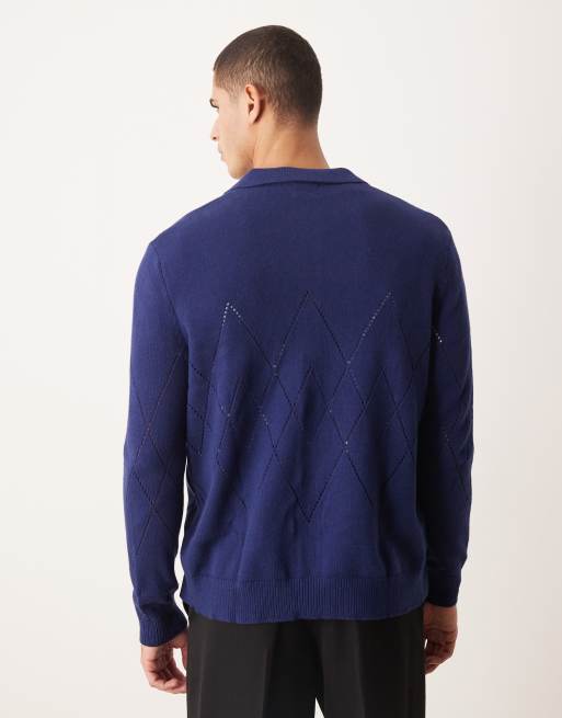 ASOS DESIGN - Marineblå, afslappet og strikket polotrøje med knapper og pointelle-detaljer, 3 af 5