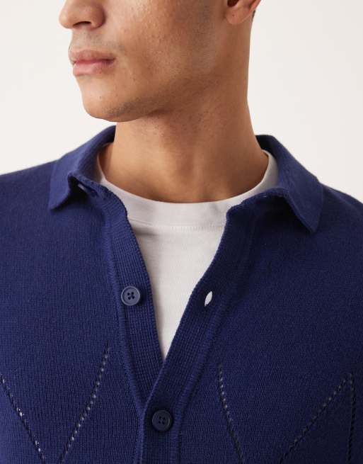 ASOS DESIGN - Marineblå, afslappet og strikket polotrøje med knapper og pointelle-detaljer, 5 af 5